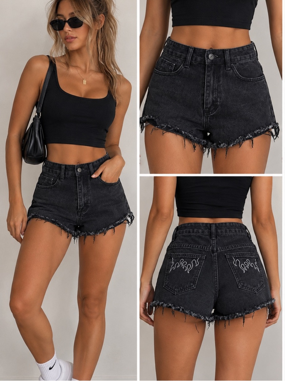 SHEIN Black High-Waist Distressed Flame Pocket Denim Shorts